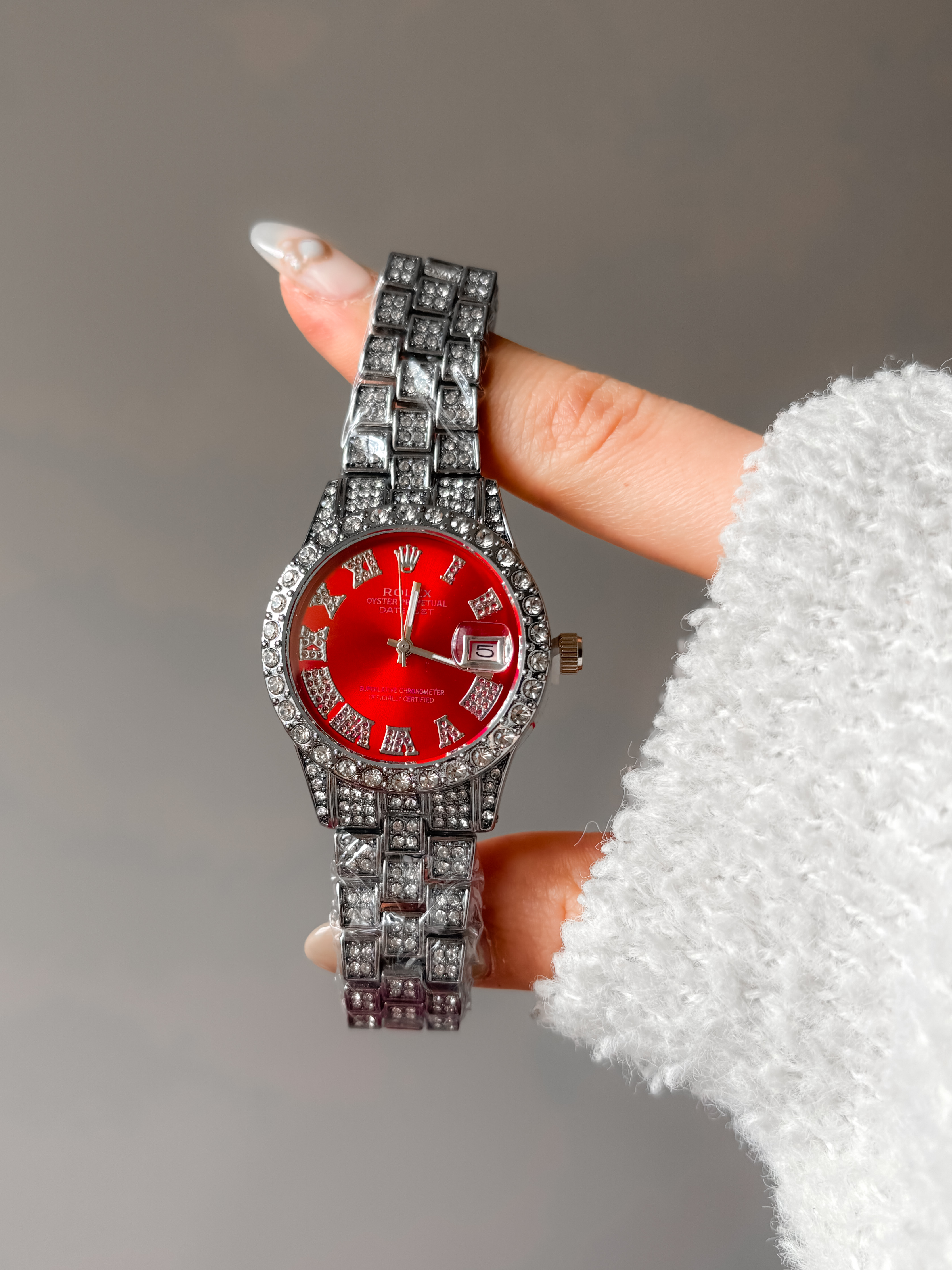 ساعت  طرح رولکس فول نگین رنگ قرمز