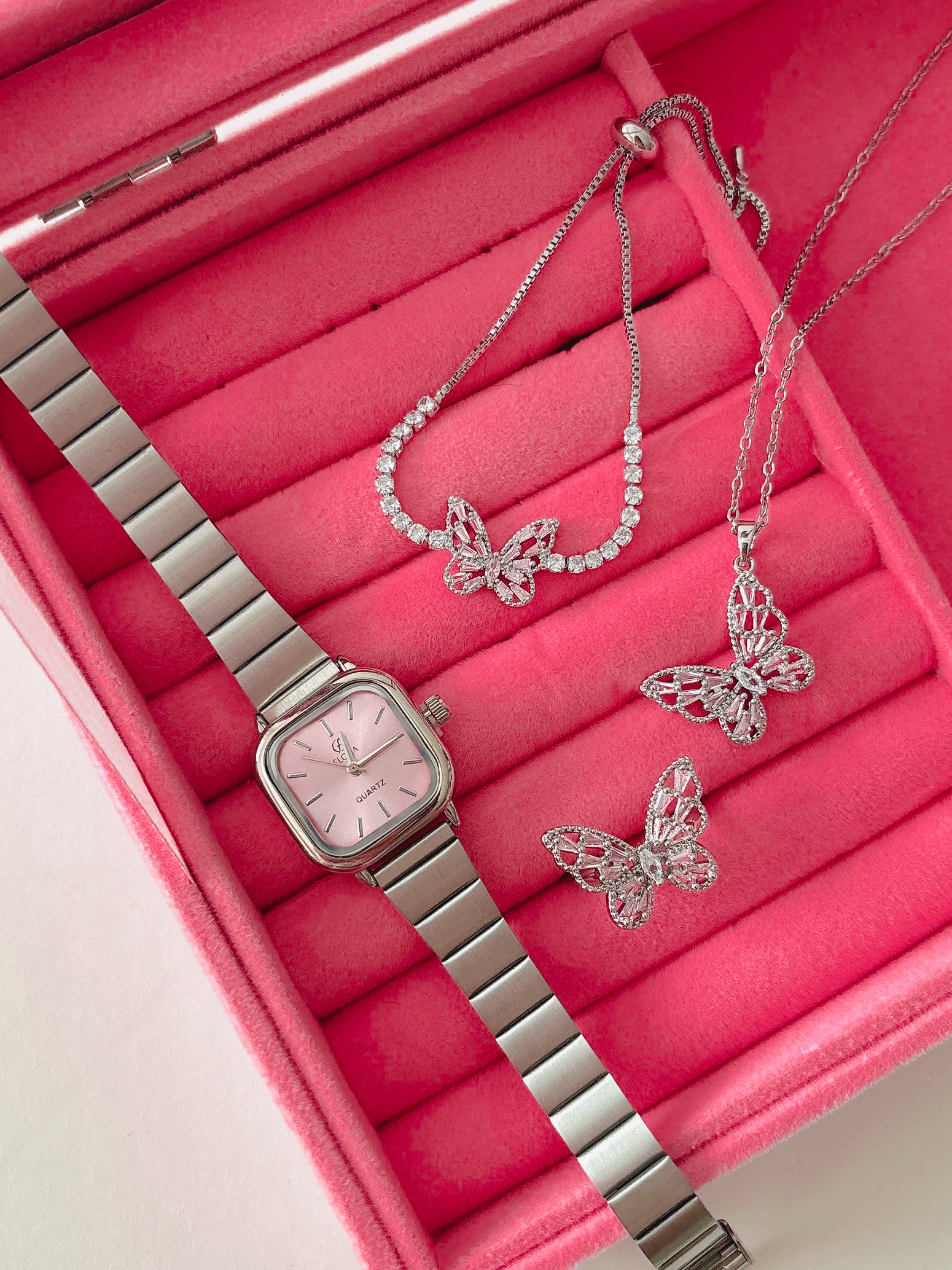 ست ساعت، گردنبند،انگشترو دستبند پروانه صورتی